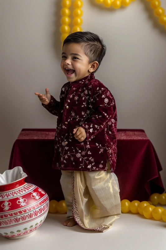 Dhoti Kurta for Baby Boy – Maroon Velvet Embroidered Kurta with Gold Tissue Silk Dhoti