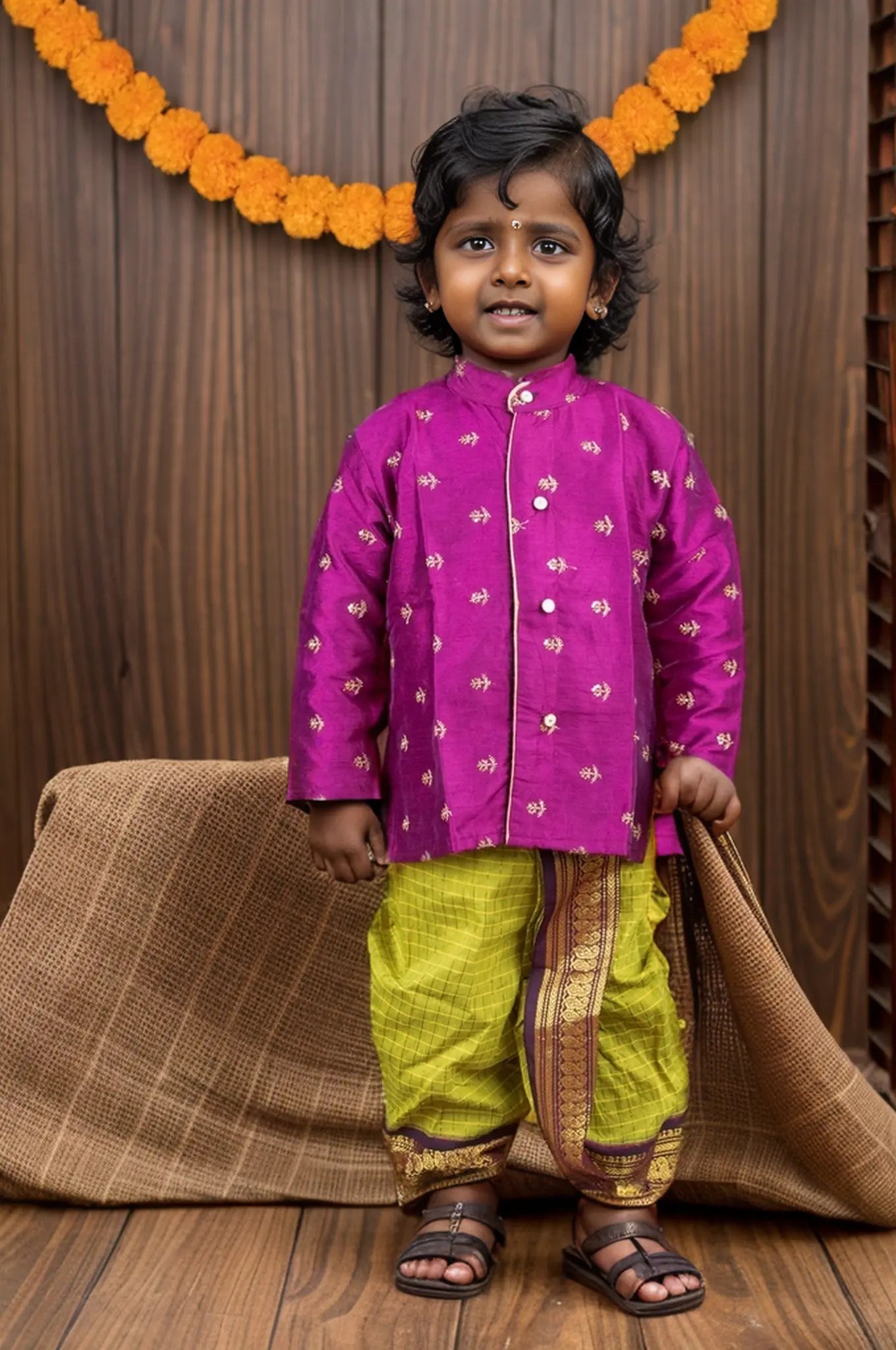 Checked Green and wine embroidered kurta dhoti ethnic dress for baby boy