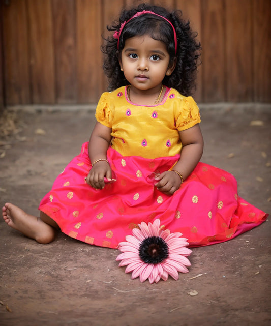 Radha dress peacock pattern and pattu pavadai, lehenga, langa blouse yellow and pink ethnic wear for baby girl