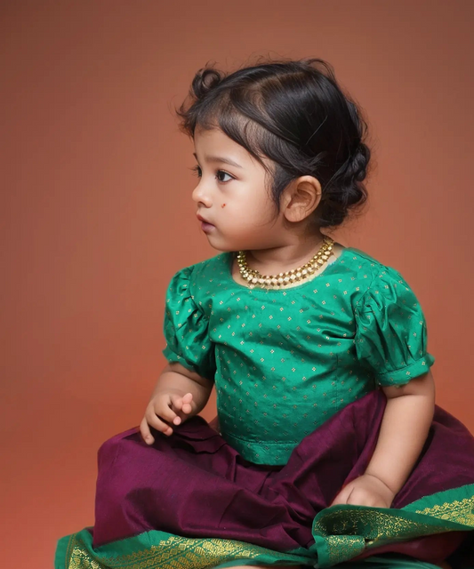 Aashita - wine and green kanchi cotton south Indian ethnic wear langa blouse for baby girl