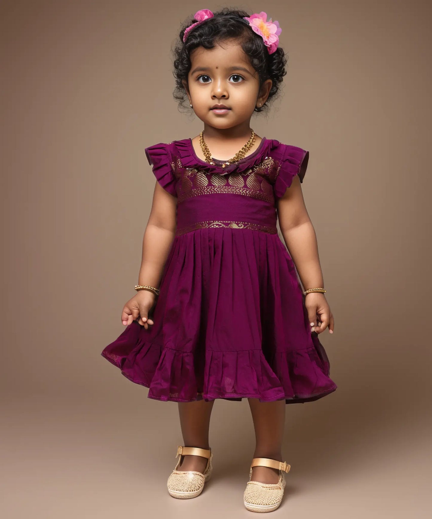 Grape wine - frock & cotton silk saree mom and daughter combo set