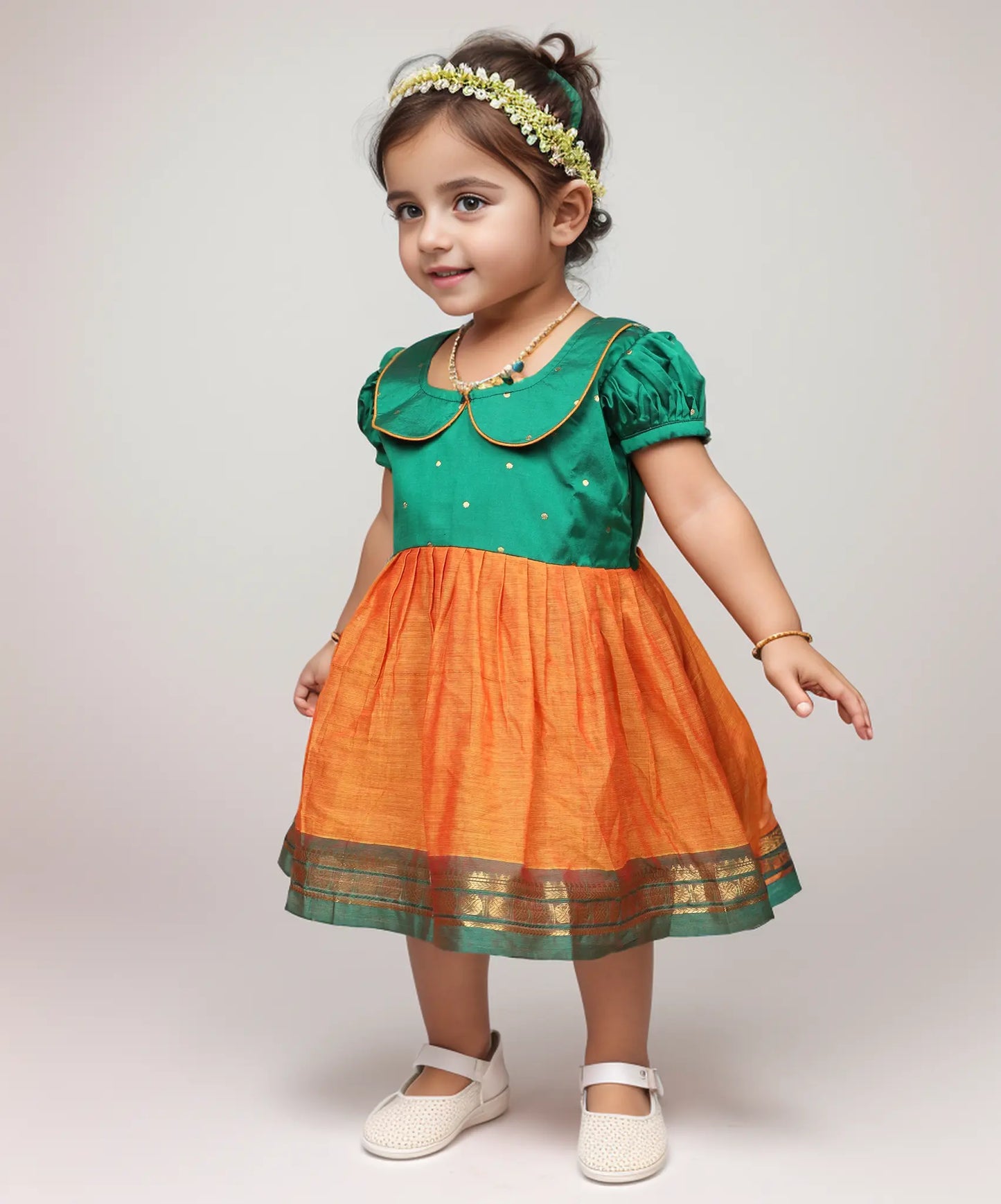 Jungle green with Kesari Orange (Vintage Collar) - Kanchi Cotton Silk South Indian Ethnic Frock for Baby Girl