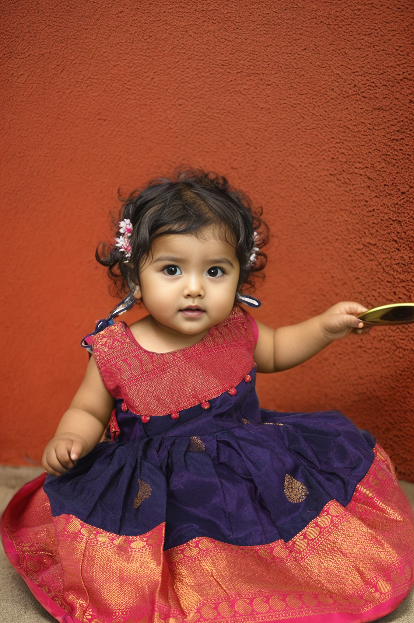 Ahalya - Navy blue with candy pink pattu silk ethnic wear for baby girl