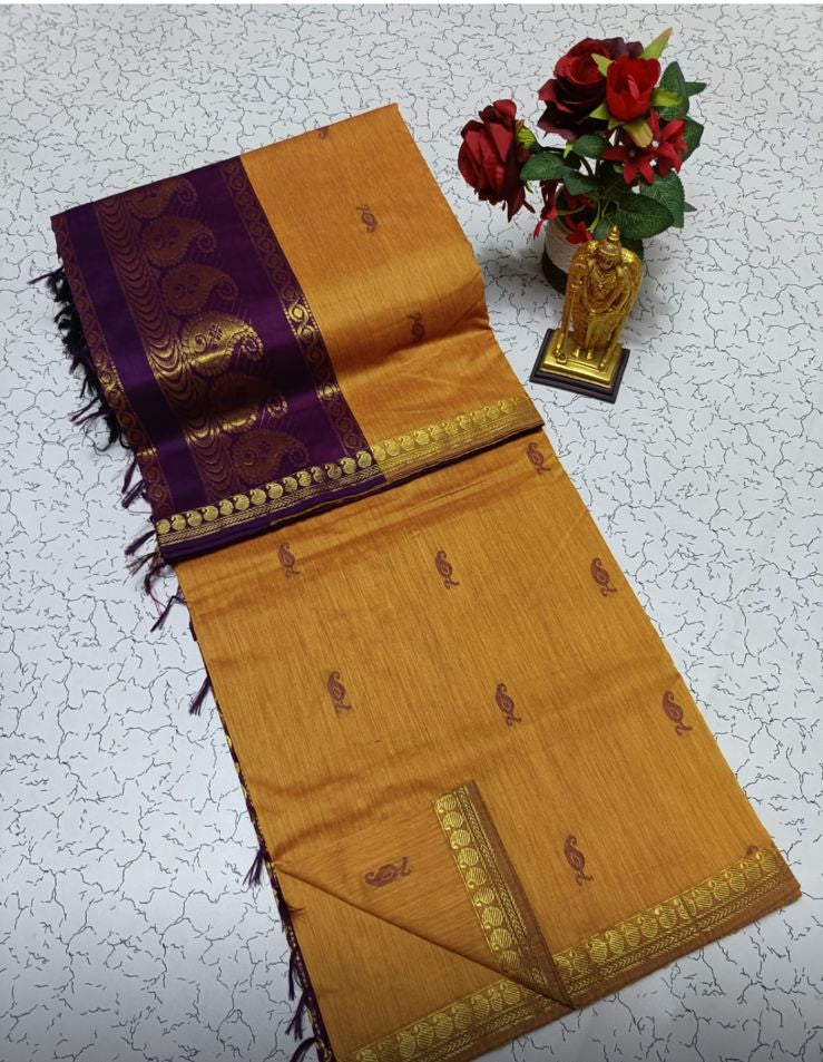 Mustard yellow with deep wine - Premium Cotton Silk Saree with Contrast Blouse