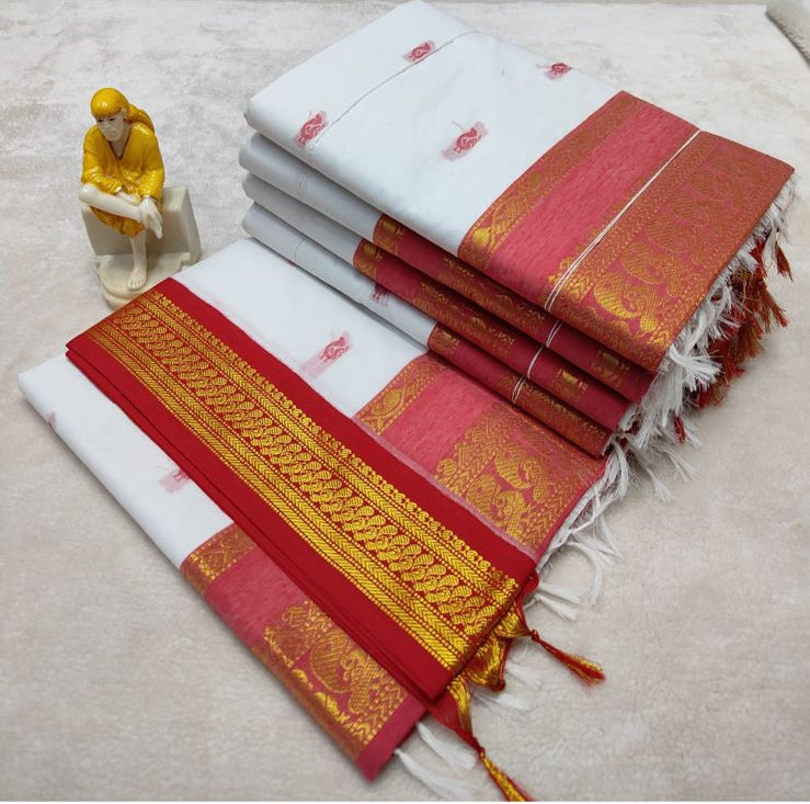 White with red border - Premium Cotton Silk Saree with Contrast Blouse