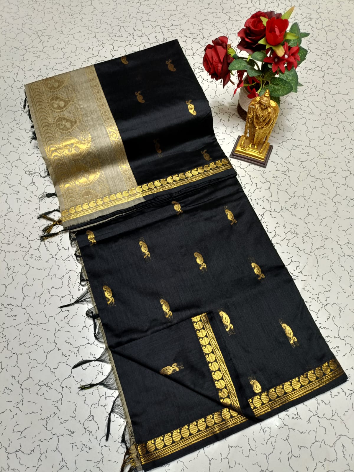 Black with gold - Premium Cotton Silk Saree with Contrast Blouse