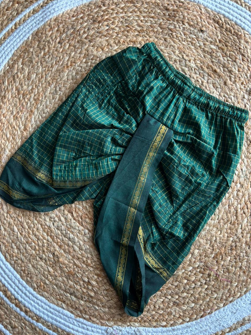Bottle green checked with gold zari border dhoti baby boy ethnic bottom wear