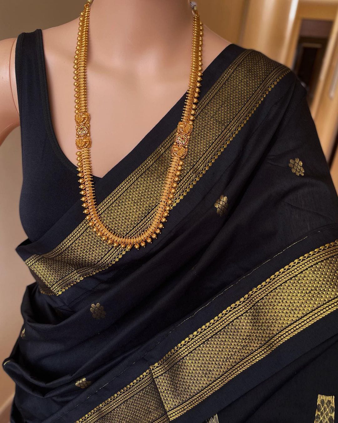 Black with gold zari border - Premium Cotton Silk Saree with Contrast Blouse
