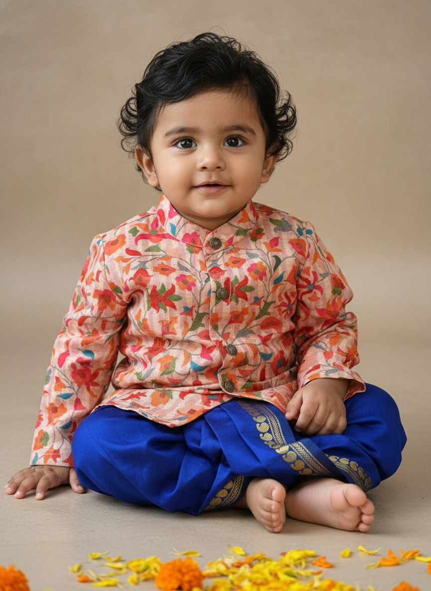 Traditional Indian Multi floral Autumn with Royal Blue kurta dhoti baby boy ethnic wear