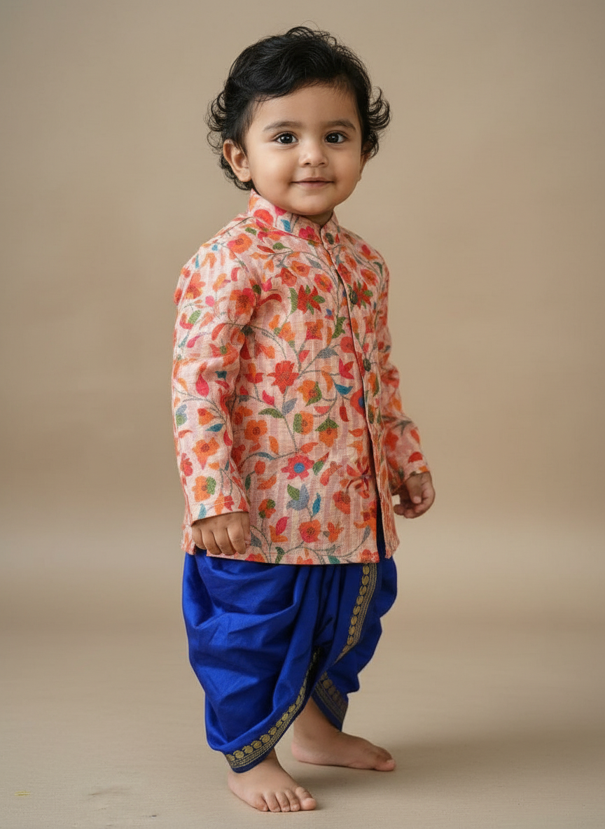 Traditional Indian Multi floral Autumn with Royal Blue kurta dhoti baby boy ethnic wear