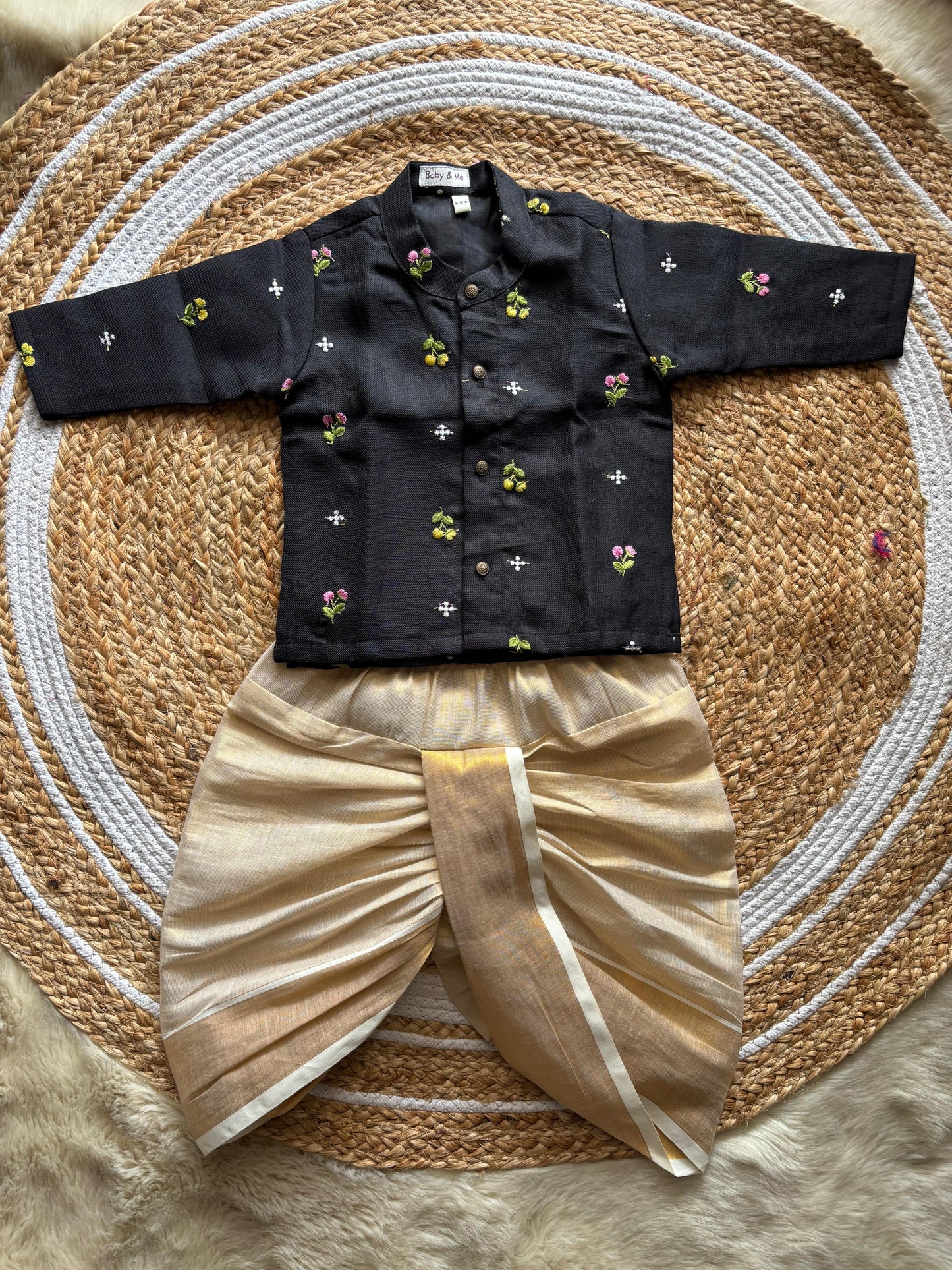 Pure Linen Black with Kerala Kasavu gold Kurta Dhoti for baby boy
