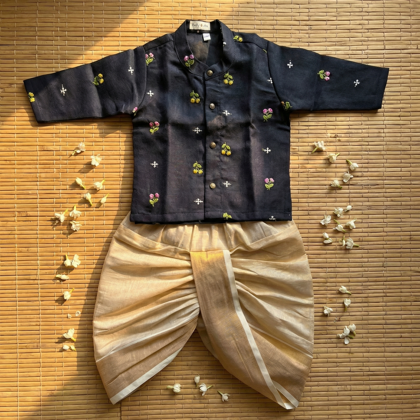 Pure Linen Black with Kerala Kasavu gold Kurta Dhoti for baby boy