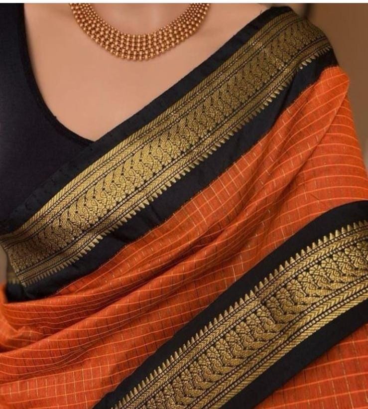 Rusty orange with Black checks saree - Premium Cotton Silk Saree with Contrast Blouse