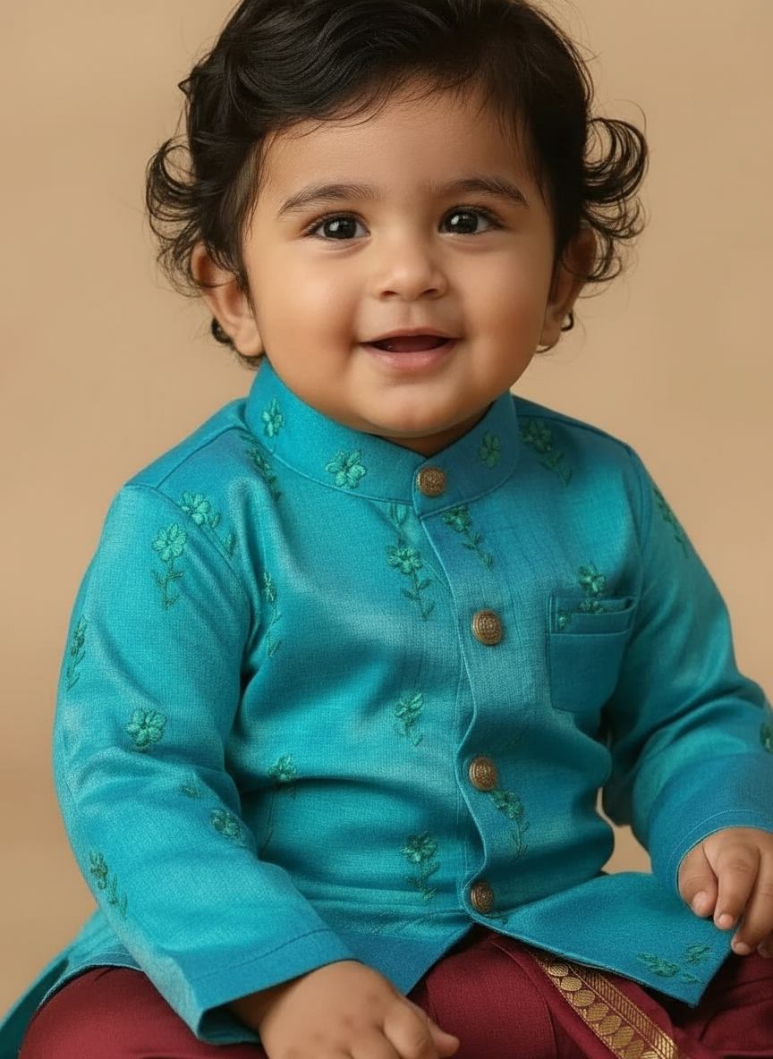 Pure Linen Light blue with maroon Kurta Dhoti for baby boy
