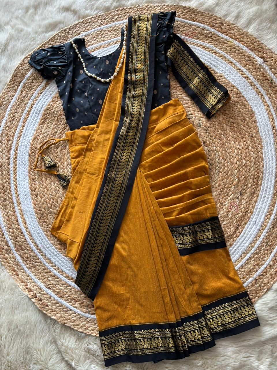 turmeric yellow with black - Ready to wear saree for kids Ethnic wear for baby girl