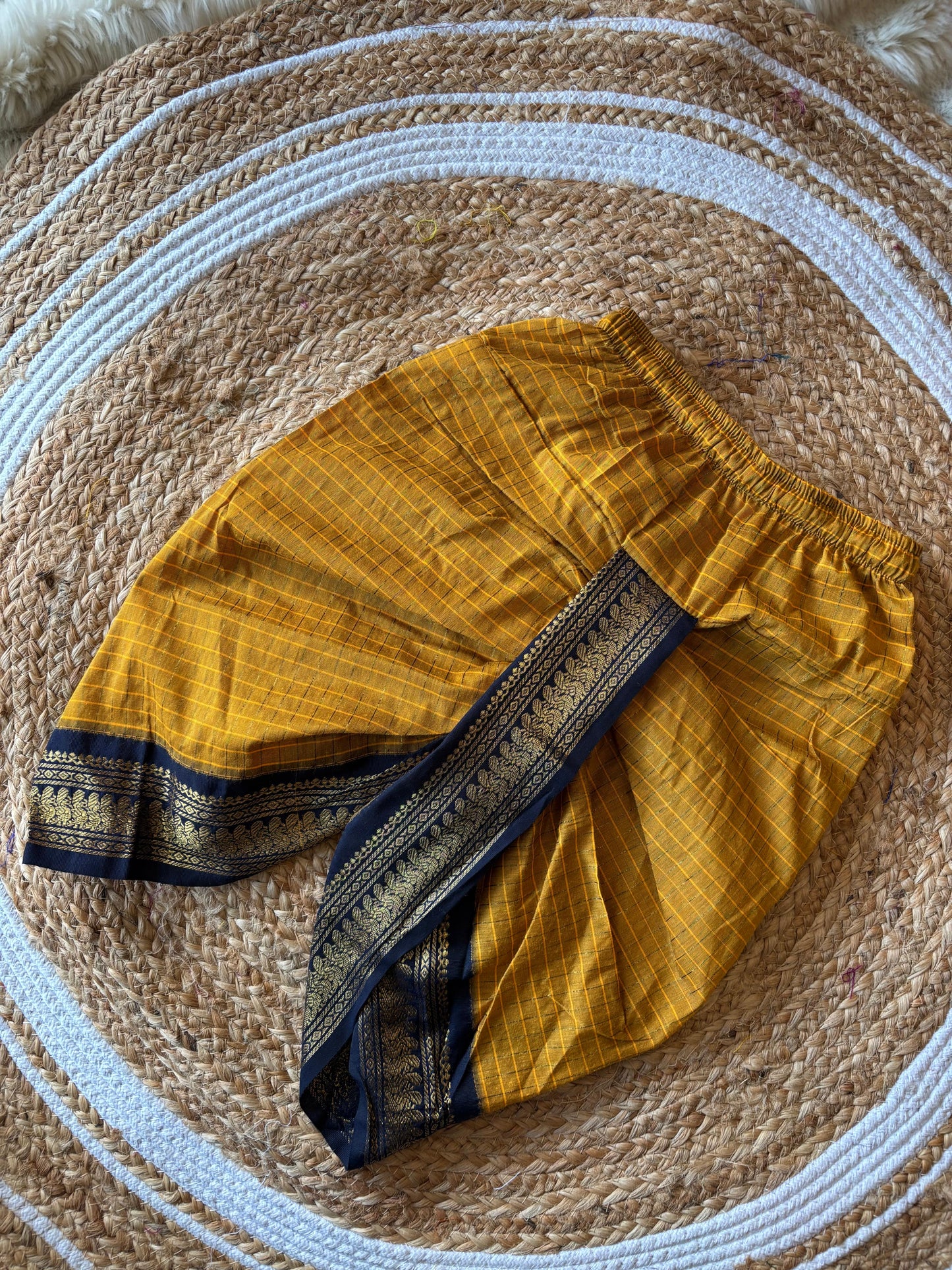 White with gold Kurta and Mustard yellow and navy blue Dhoti for baby boy