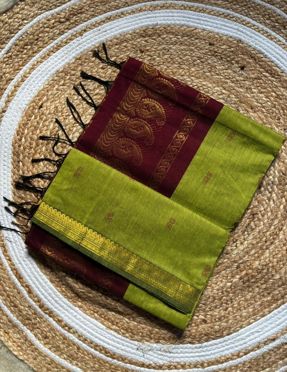 Green with maroon - Premium Cotton Silk Saree with Contrast Blouse
