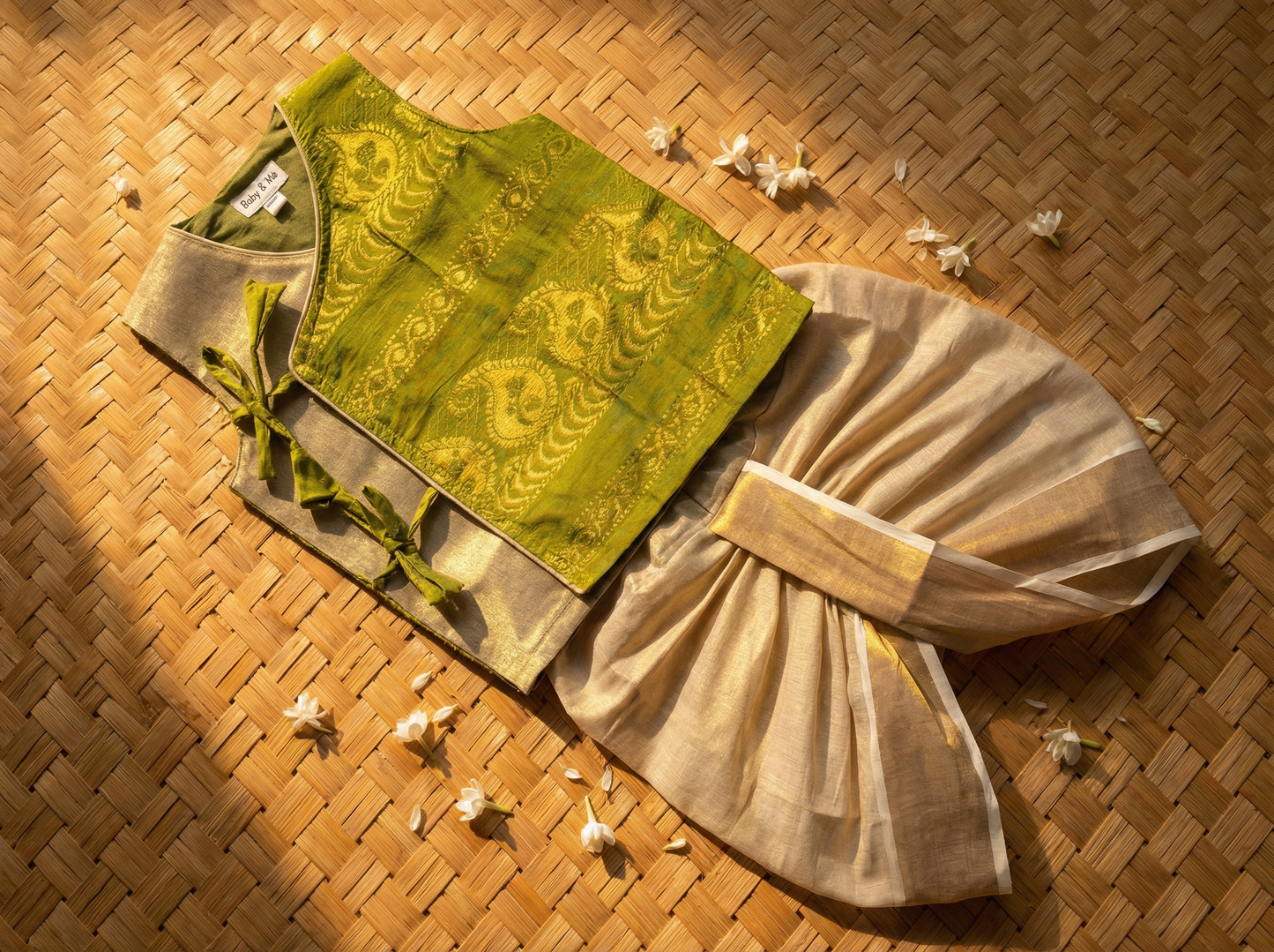 Parrot green Angrakha Kurta and Gold Dhoti for Baby Boy – Sleeveless Ethnic Wear