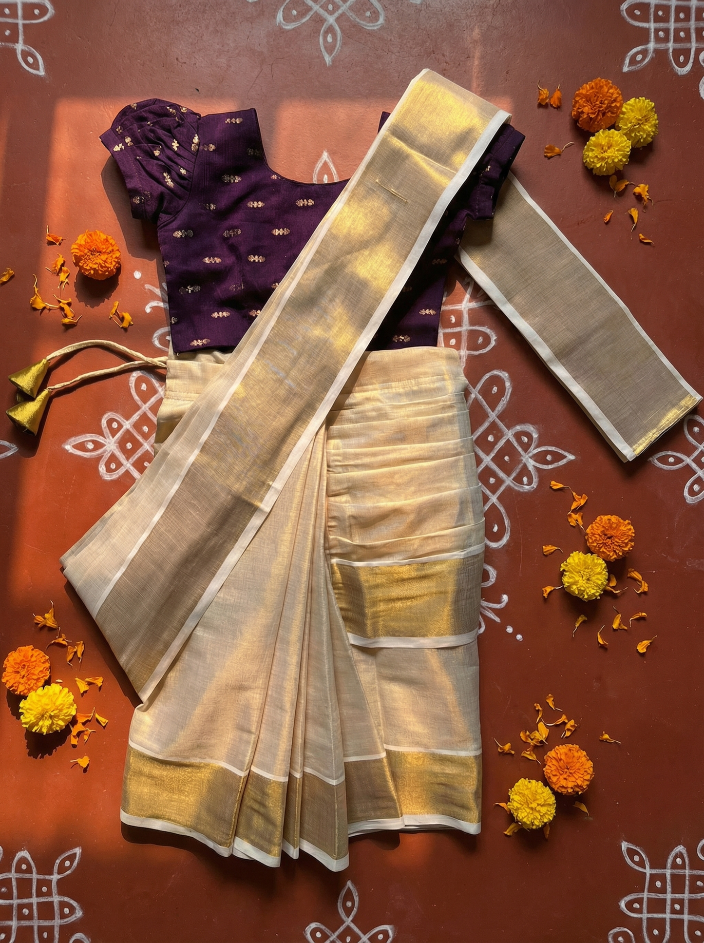 Reshme Gold and Wine - Ready to wear Kerala kasavu saree for kids Ethnic wear for baby girl