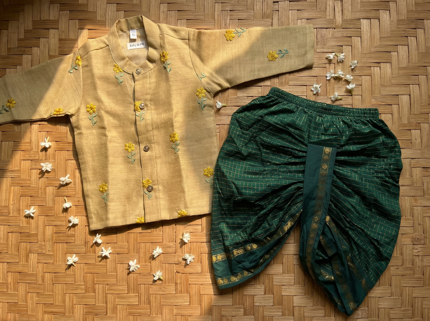 Pure Linen Pastel yellow with bottle green checks Kurta Dhoti Ethnic Wear for baby boy