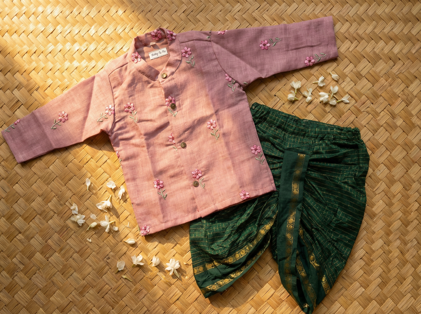 Pastel pink Linen and bottle green checks Kurta dhoti ethnic wear for baby boy