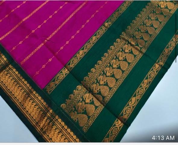 Pink with bottle green - Premium Cotton Silk Saree with Contrast Blouse