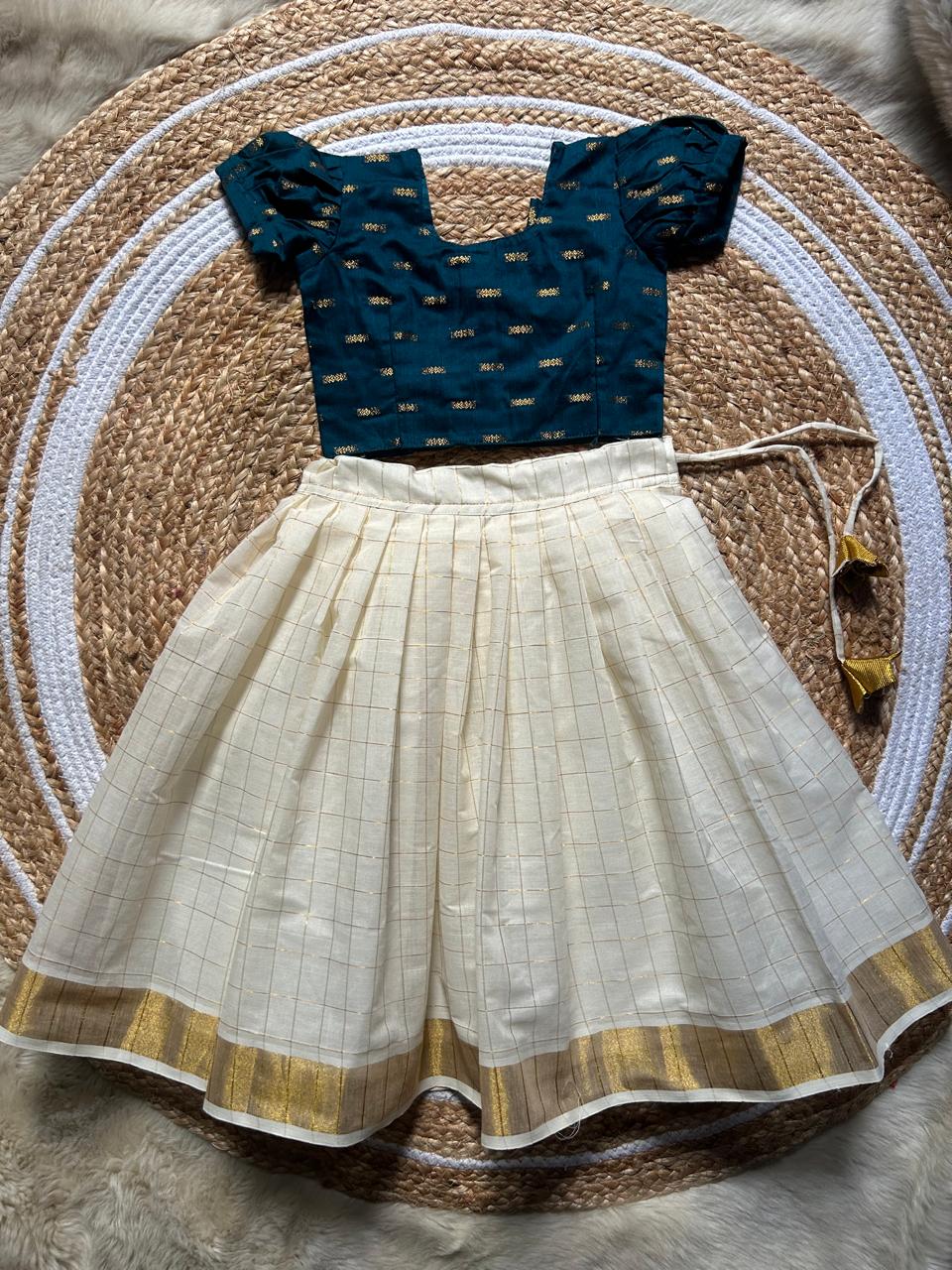 White checked with Gold border and Peacock green - south Indian ethnic wear langa blouse for baby girl