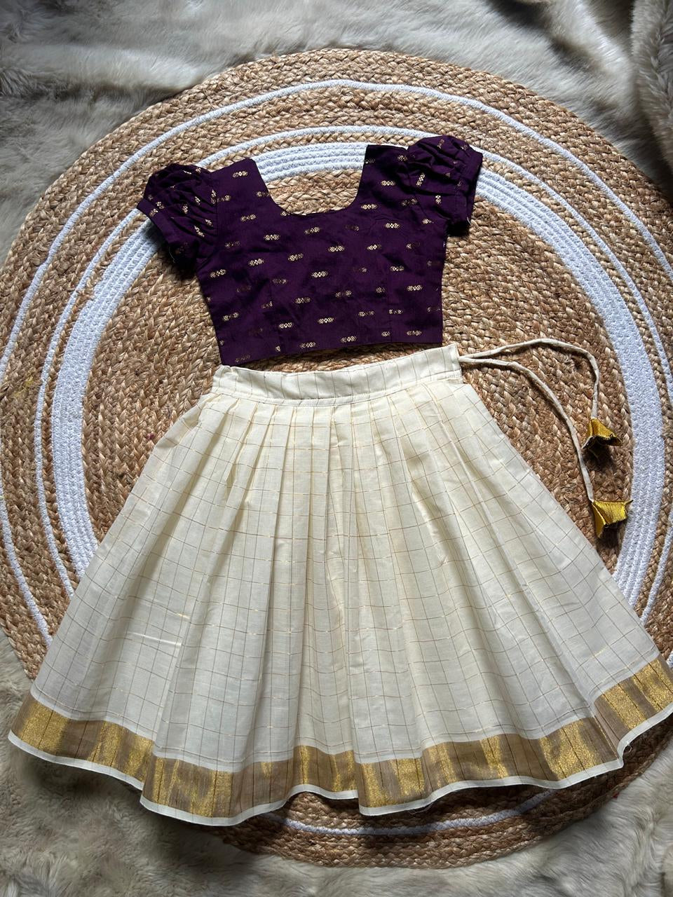 White checked with Gold border and wine - south Indian ethnic wear langa blouse for baby girl
