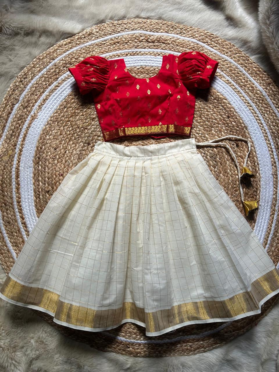 White checked with Gold border and Red - south Indian ethnic wear langa blouse for baby girl