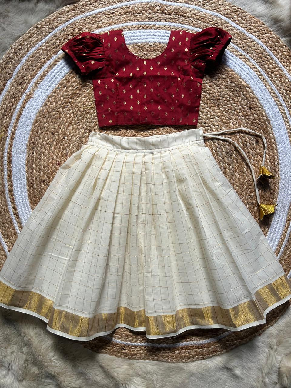 White checked with Gold border and Maroon - south Indian ethnic wear langa blouse for baby girl