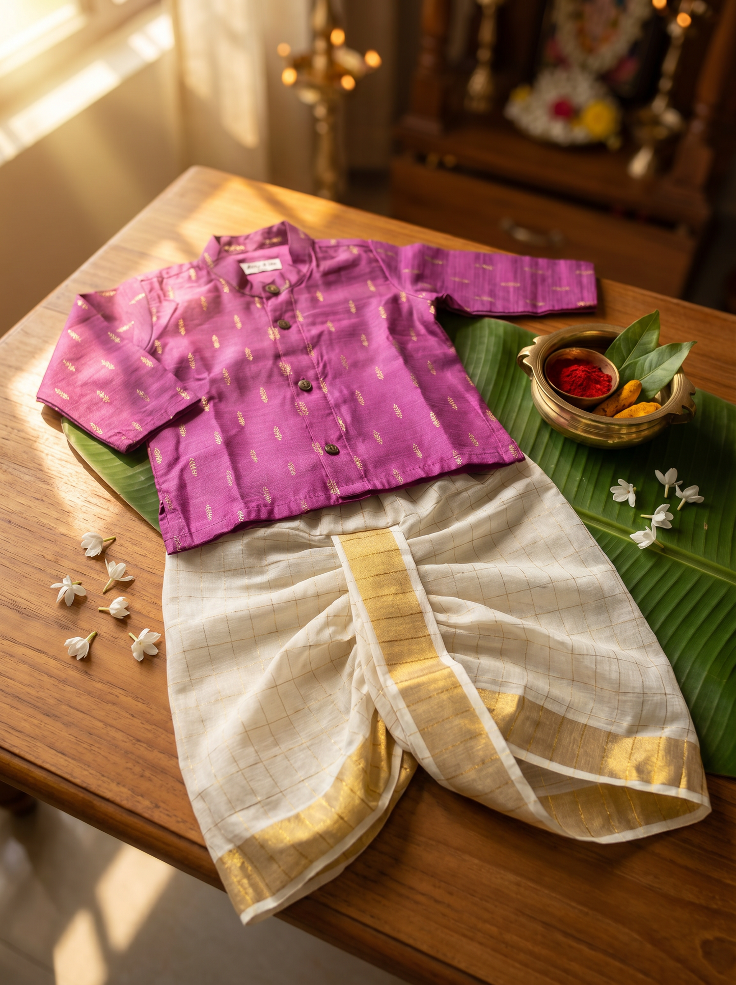Classy pink kurta and white checked Dhoti for Boys – Traditional Ethnic Wear for Baby Boy