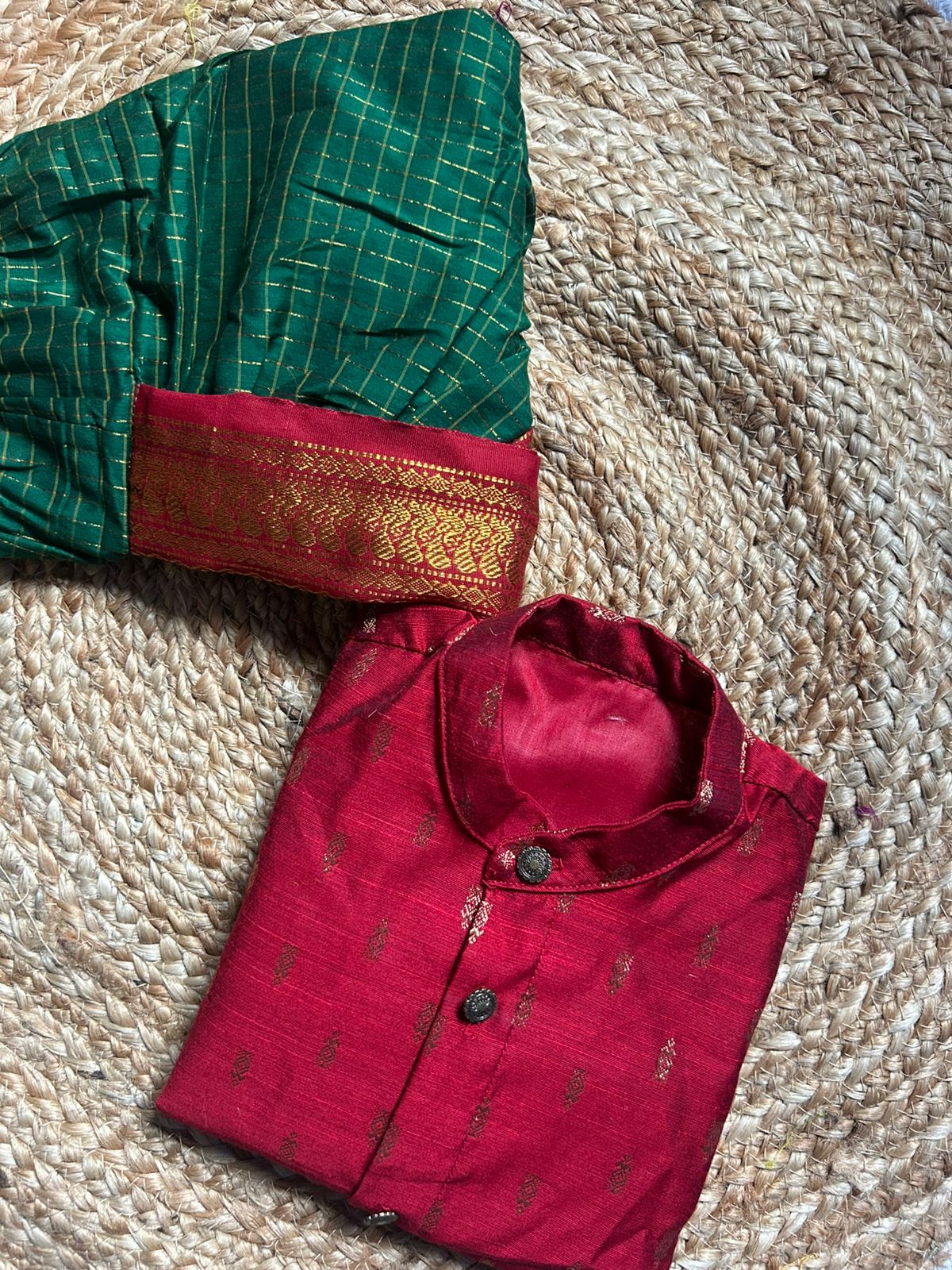 Maroon kurta and bottle green checked Dhoti for Boys – Traditional Ethnic Wear for Baby Boy