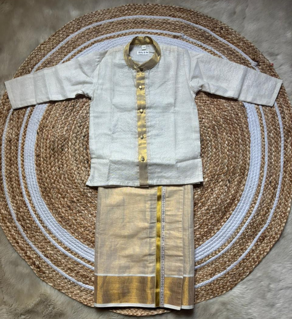 White with gold Kurta and Reshme Beige gold vesti for baby boy