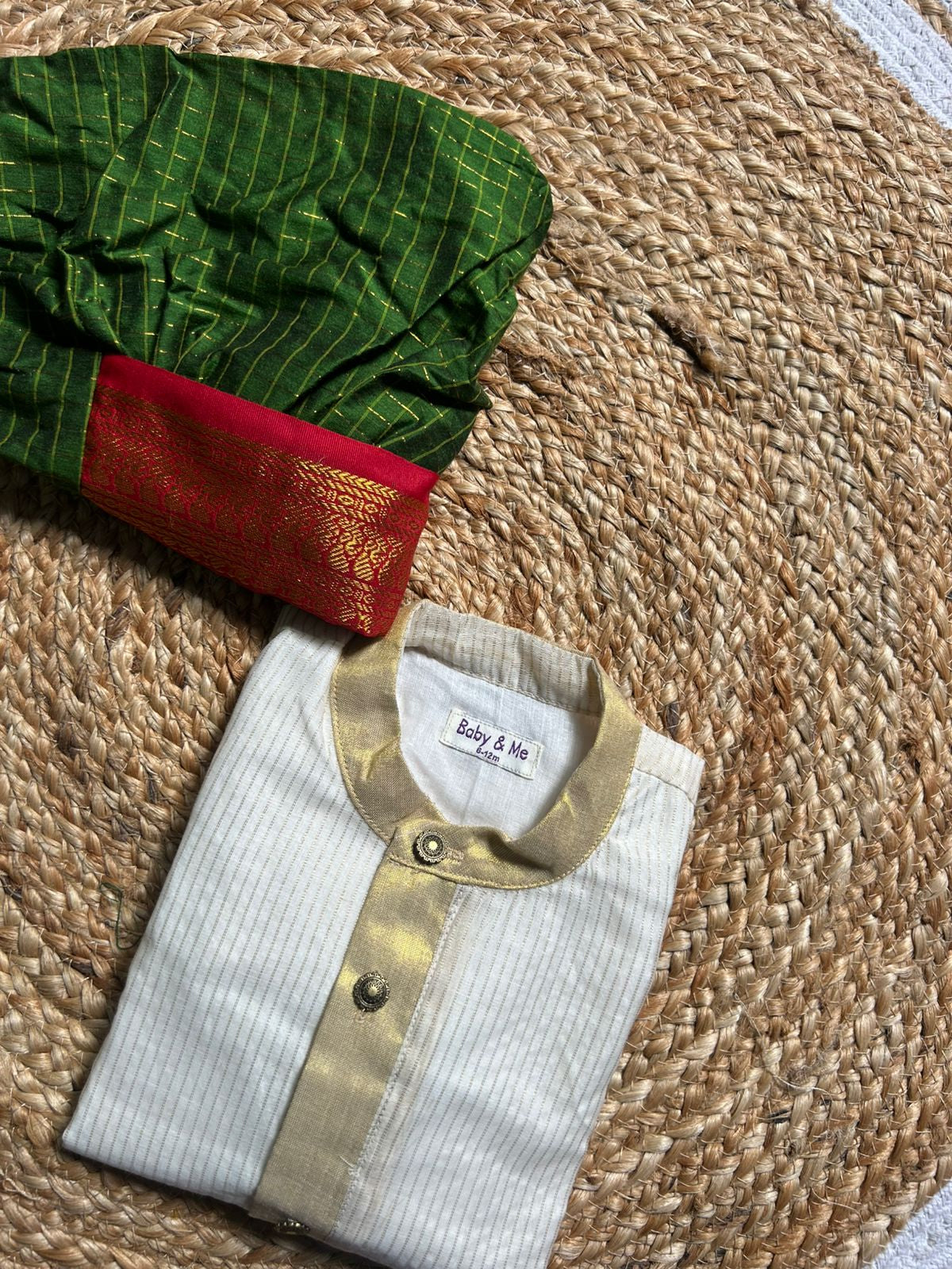 White with gold Kurta and bottle green with red checks Dhoti for baby boy