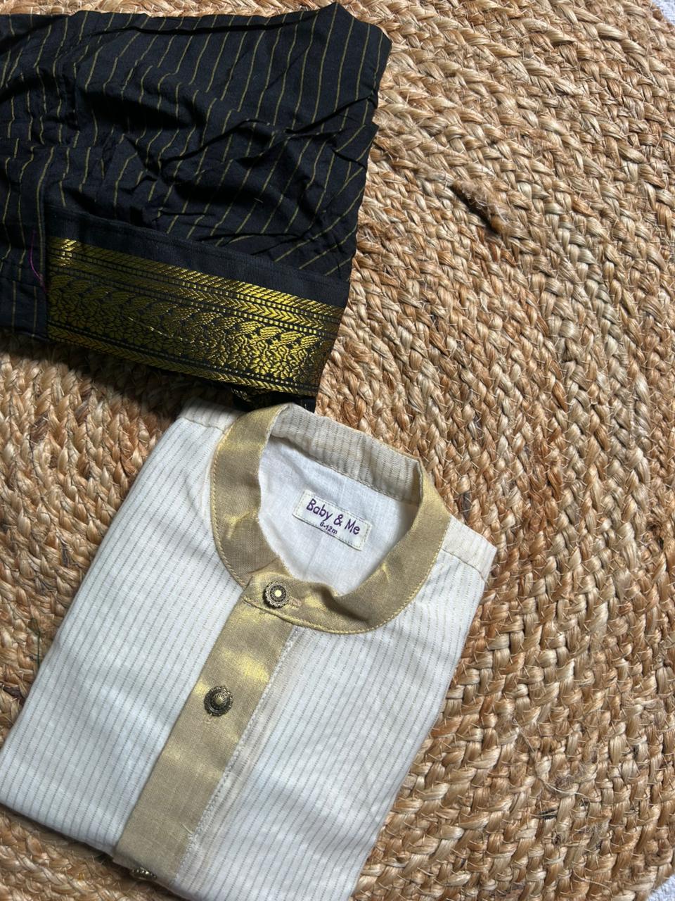 White with gold Kurta and black stripe Dhoti for baby boy