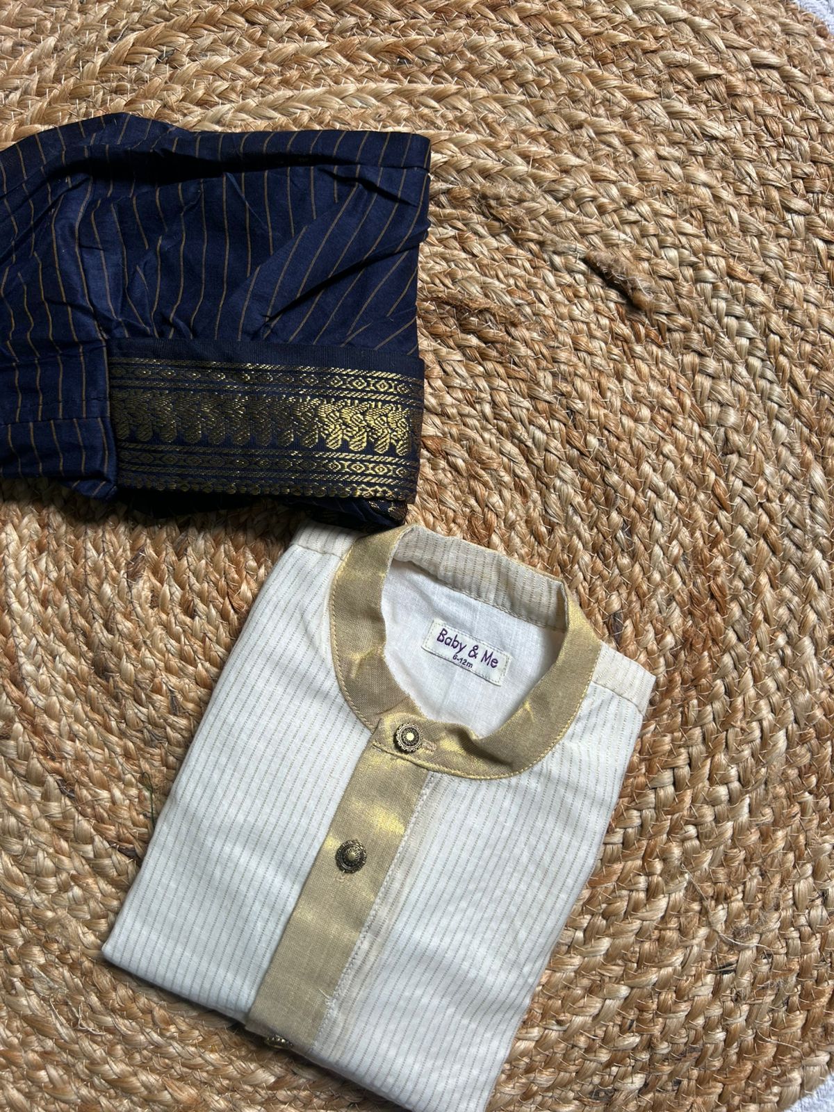 White with gold Kurta and navy blue stripe Dhoti for baby boy