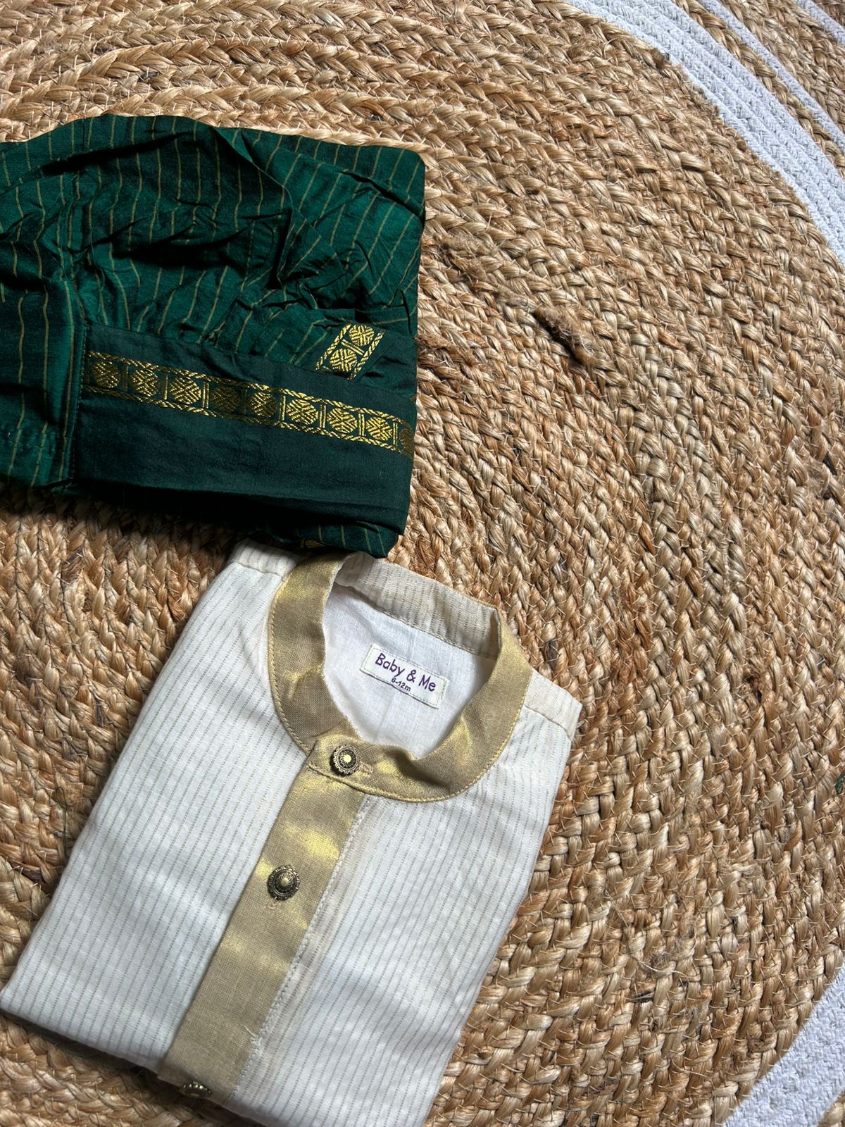 White with gold Kurta and bottle green stripe Dhoti for baby boy