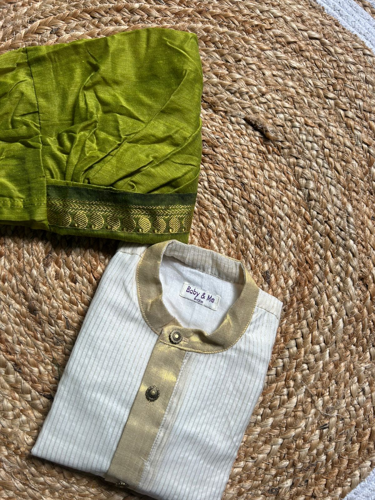 White with gold Kurta and olive green Dhoti for baby boy