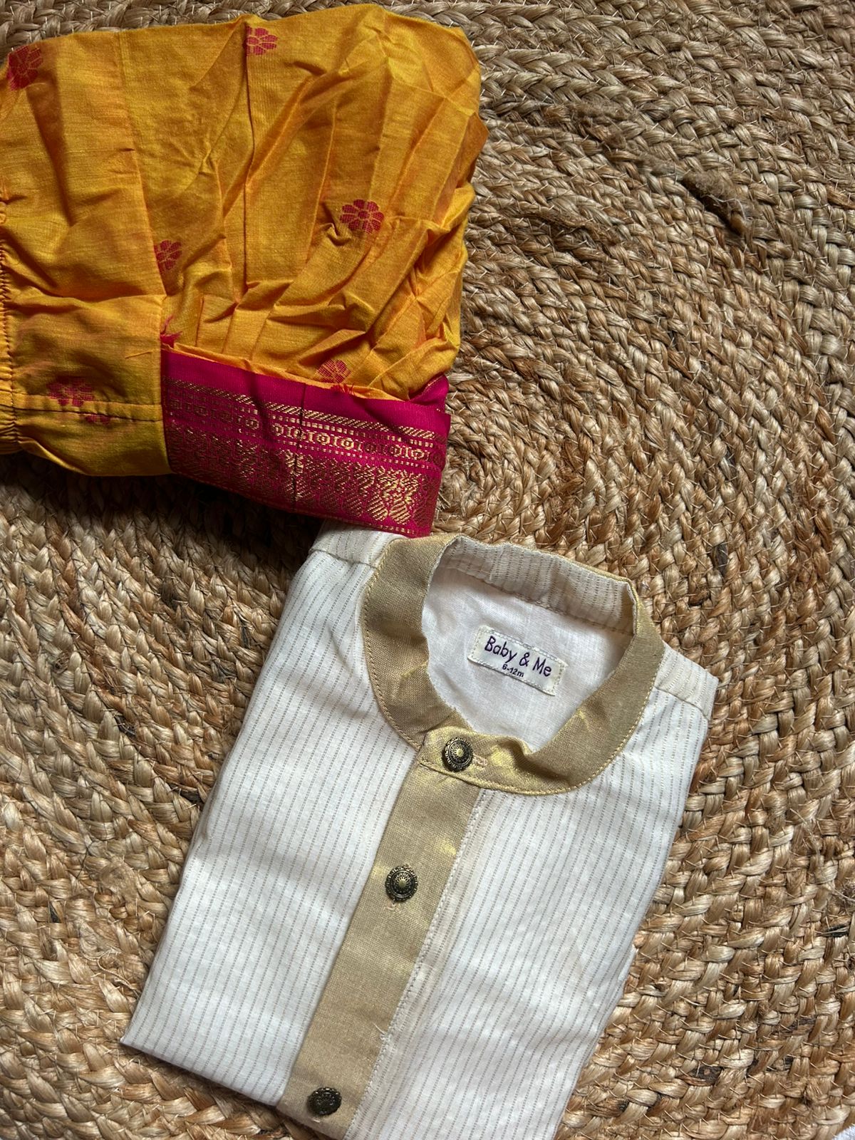 White with gold Kurta and mango yellow with pink Dhoti for baby boy