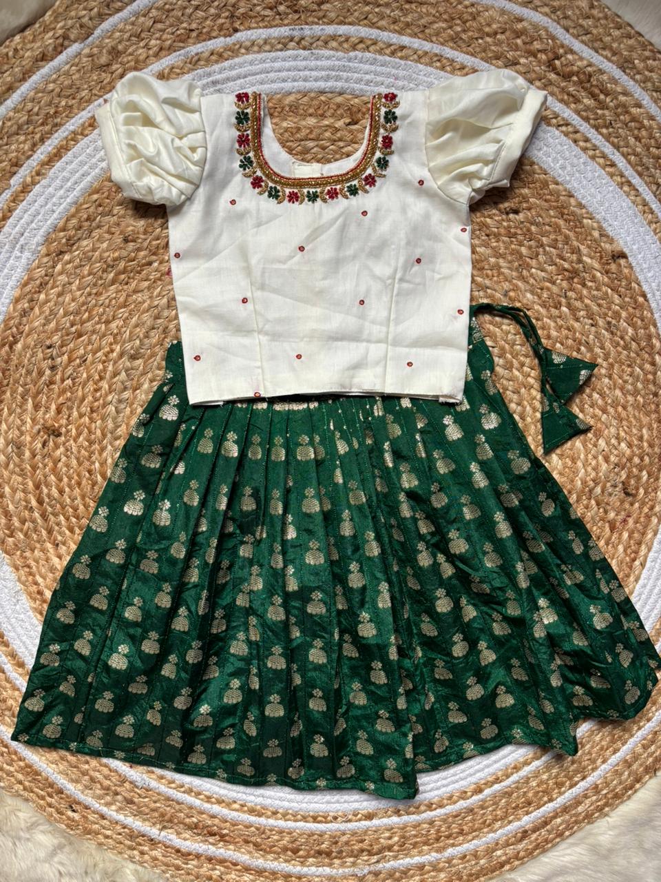 White embroided blouse and bottle green langa south indian ethnic wear