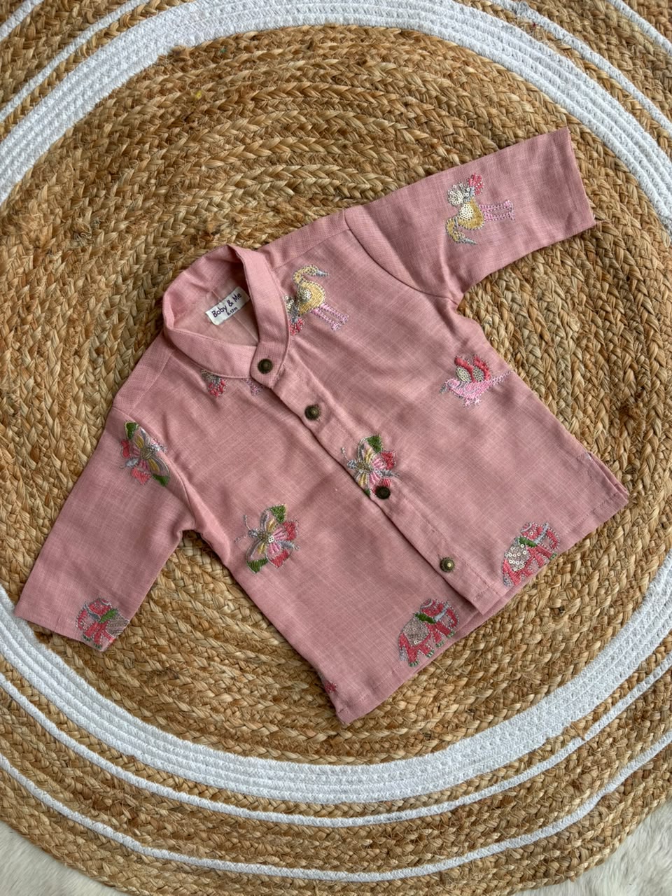 Pink and multi design linen Kurta for baby boy ethnic top wear