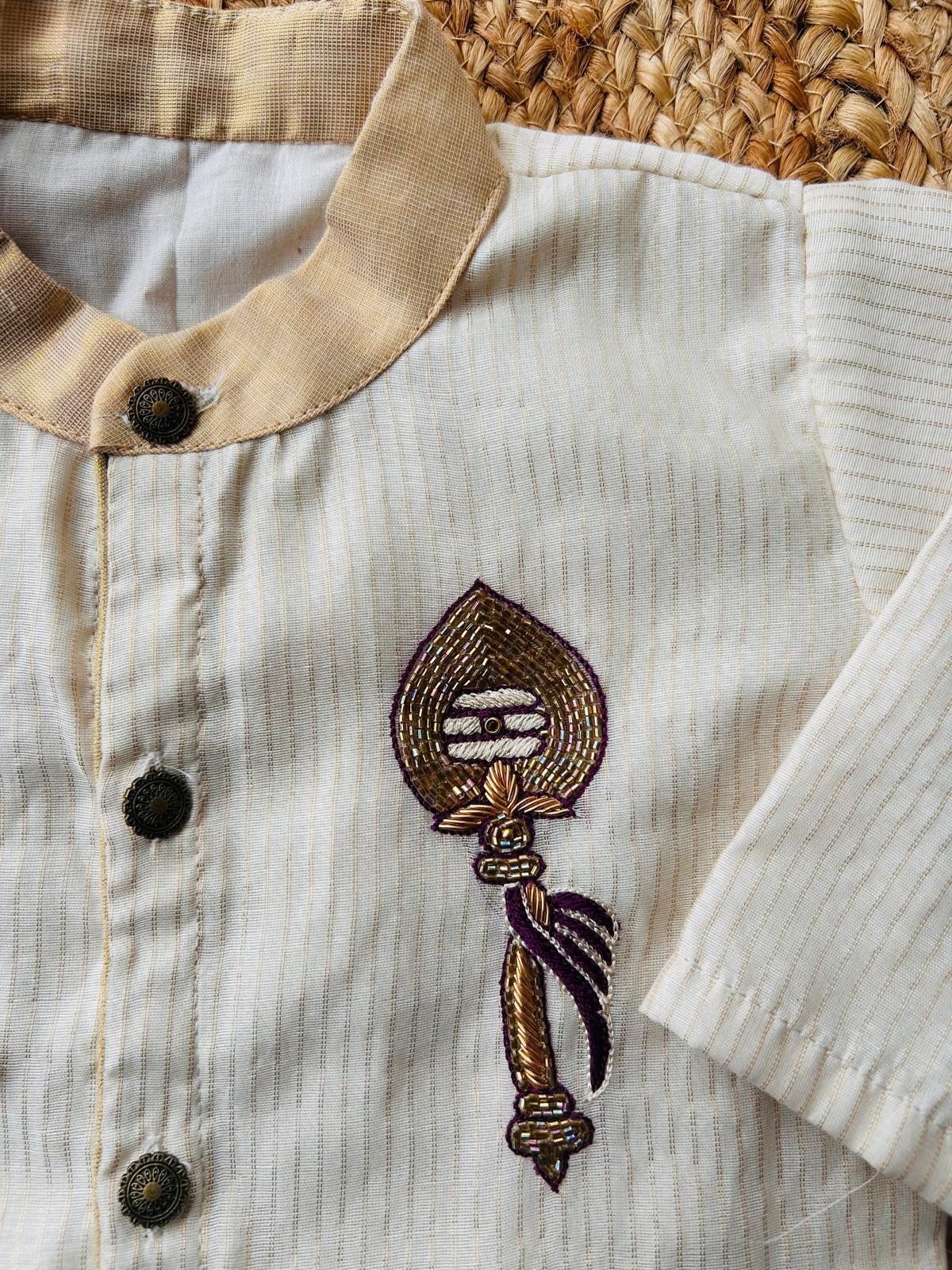White and gold Muruga trishul embroidred Kurta and Reshme Beige and Dhoti for baby boy
