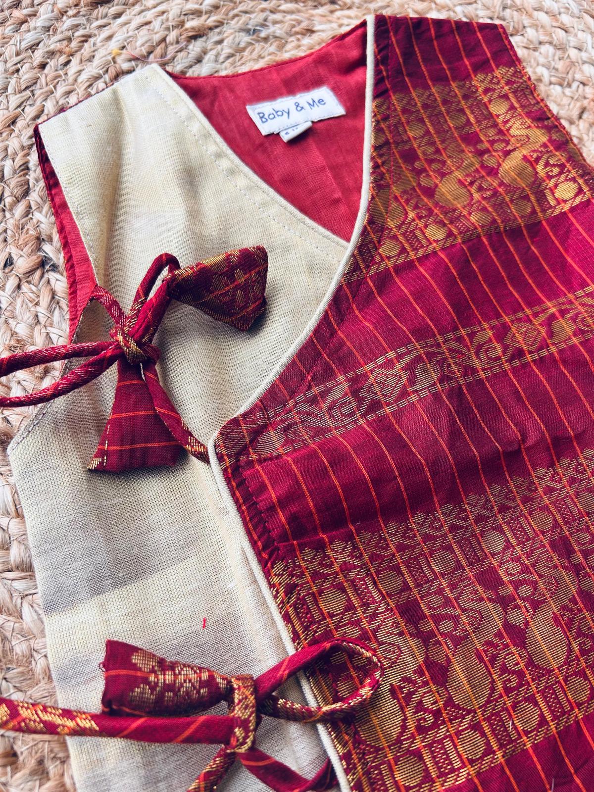Maroon checks angrakha cotton silk kurta top baby boy ethnic wear