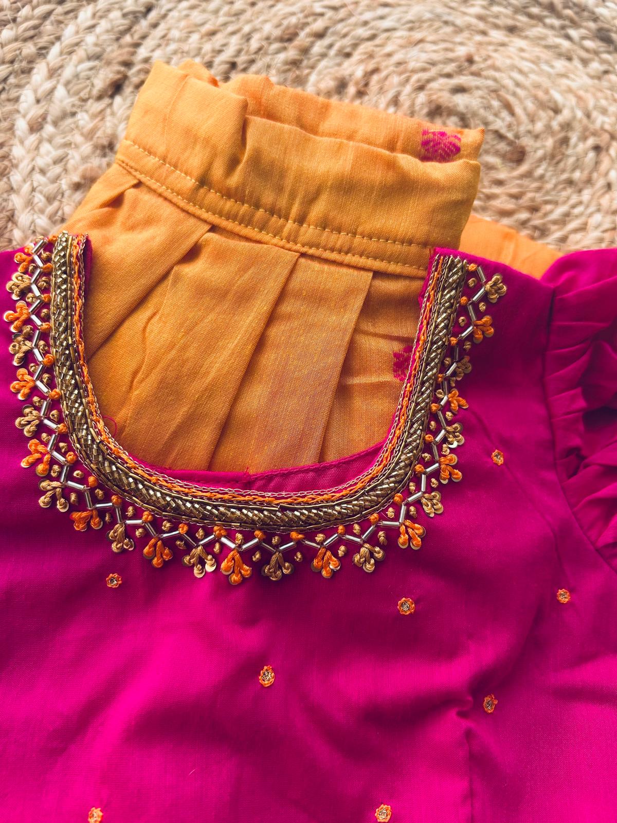 Yellow and Pink Embroided Langa Blouse – Traditional Zari Border Cotton Dress for Baby Girl