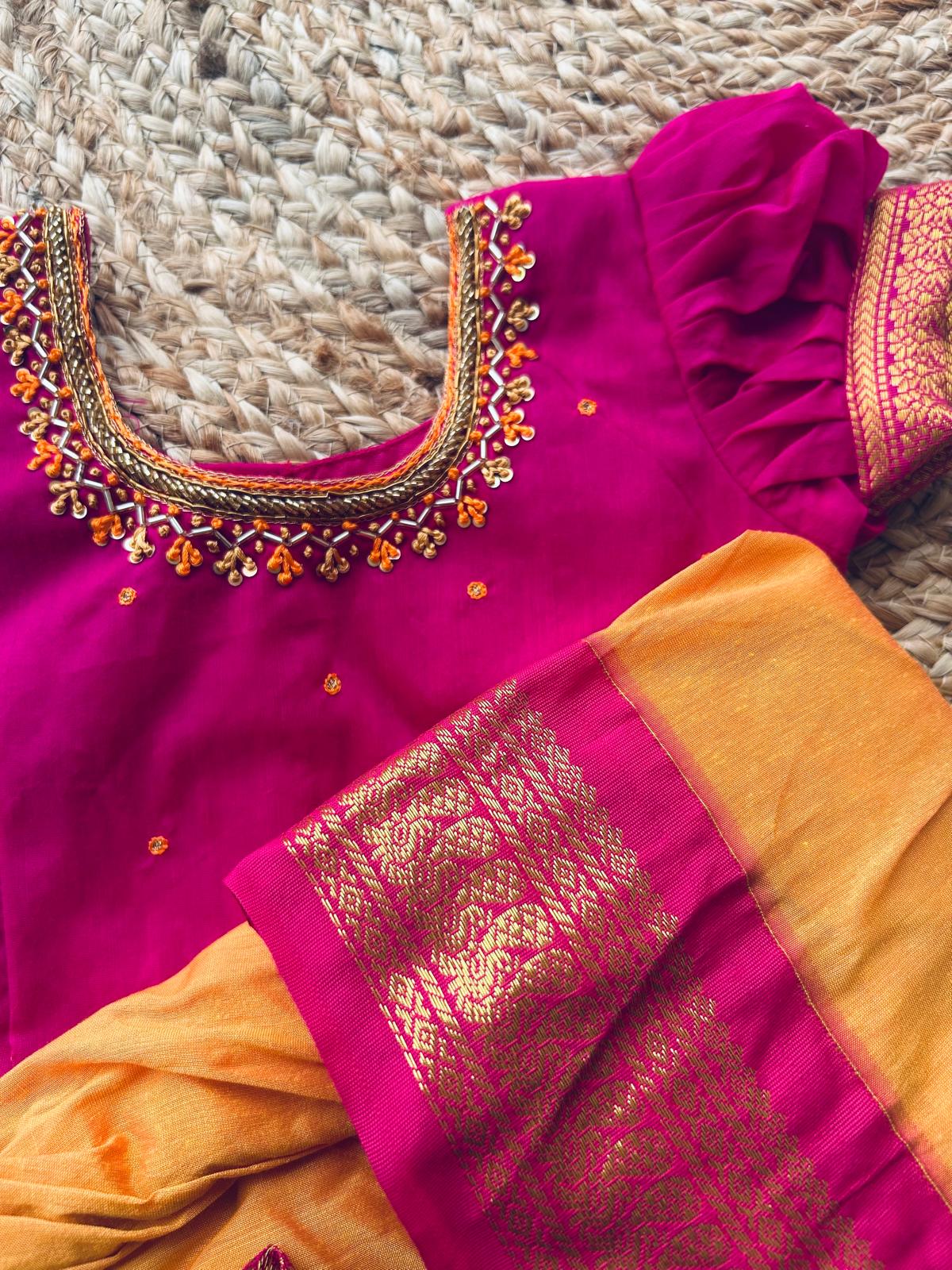 Yellow and Pink Embroided Langa Blouse – Traditional Zari Border Cotton Dress for Baby Girl