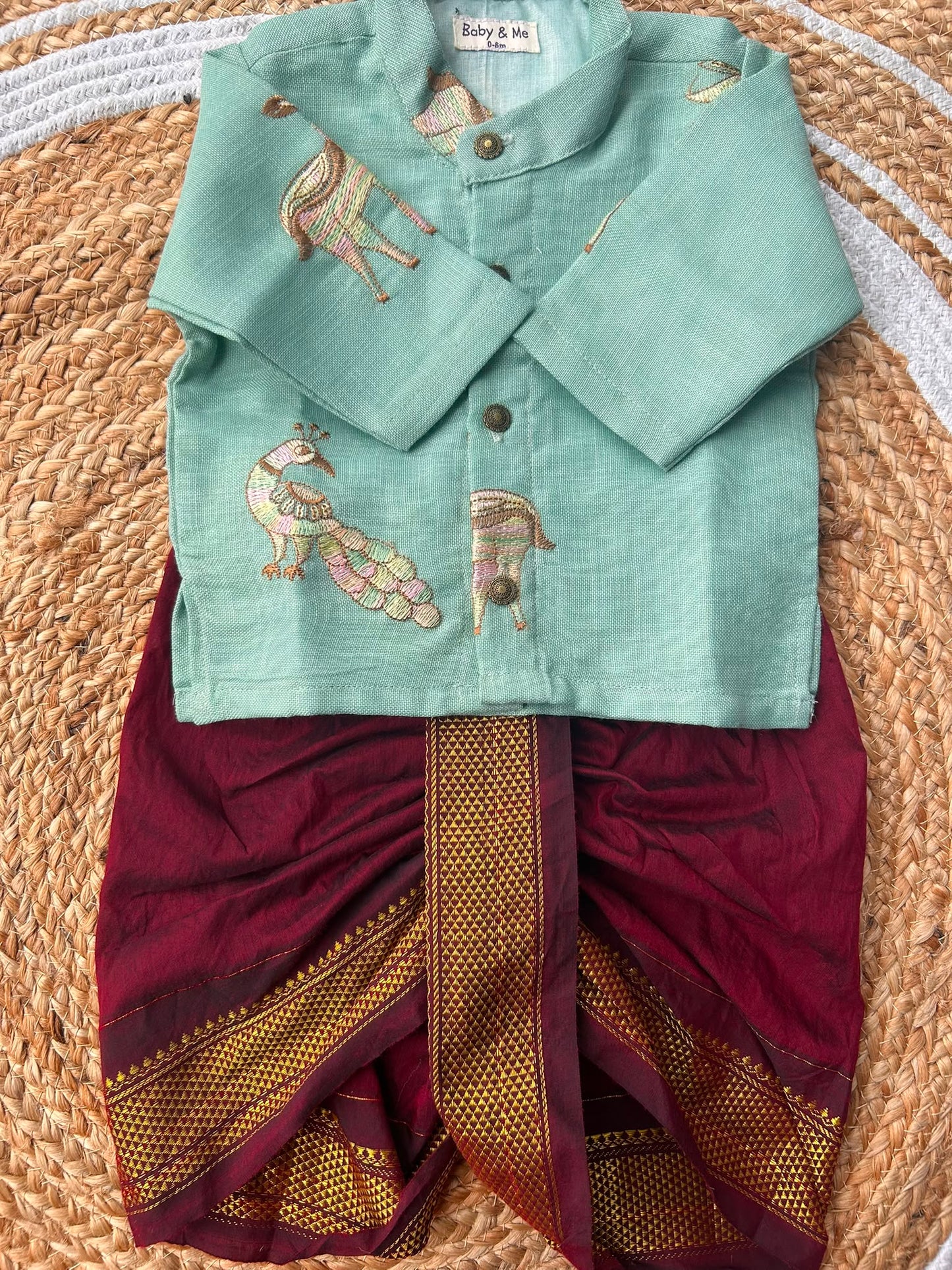 Pure Linen light blue Kurta with Maroon Dhoti for baby boy