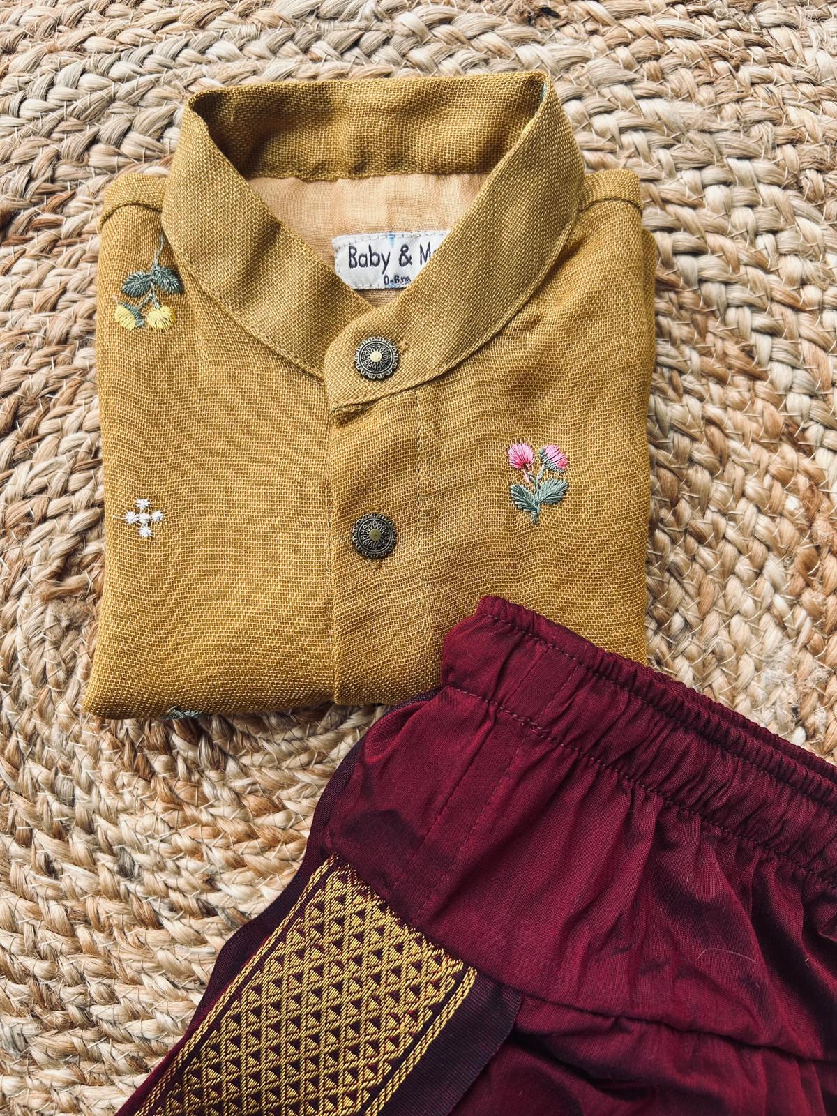 Mustard yellow pure linen Kurta and maroon Dhoti for baby boy