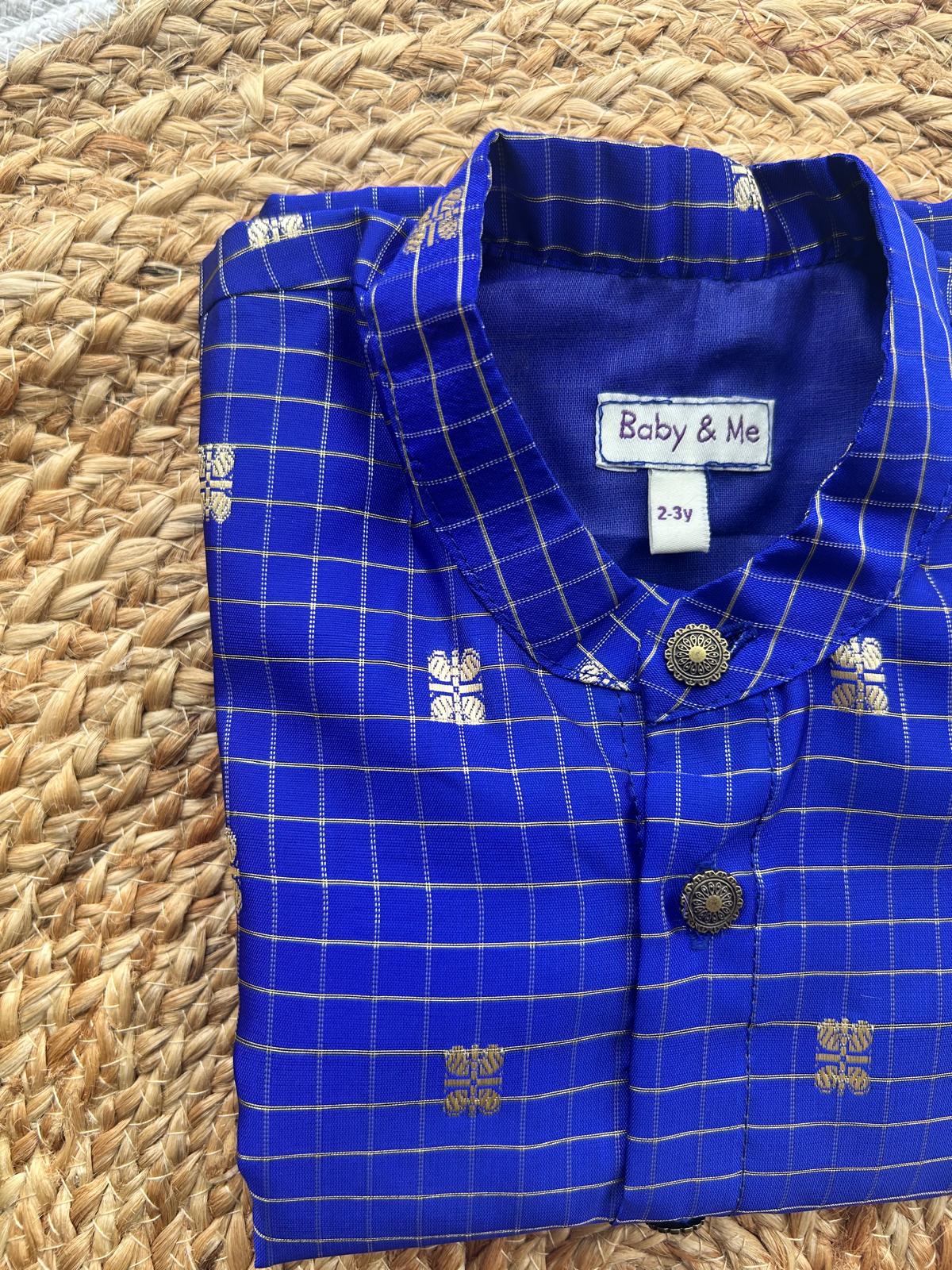 Blue silk checks Kurta for baby boy ethnic top wear