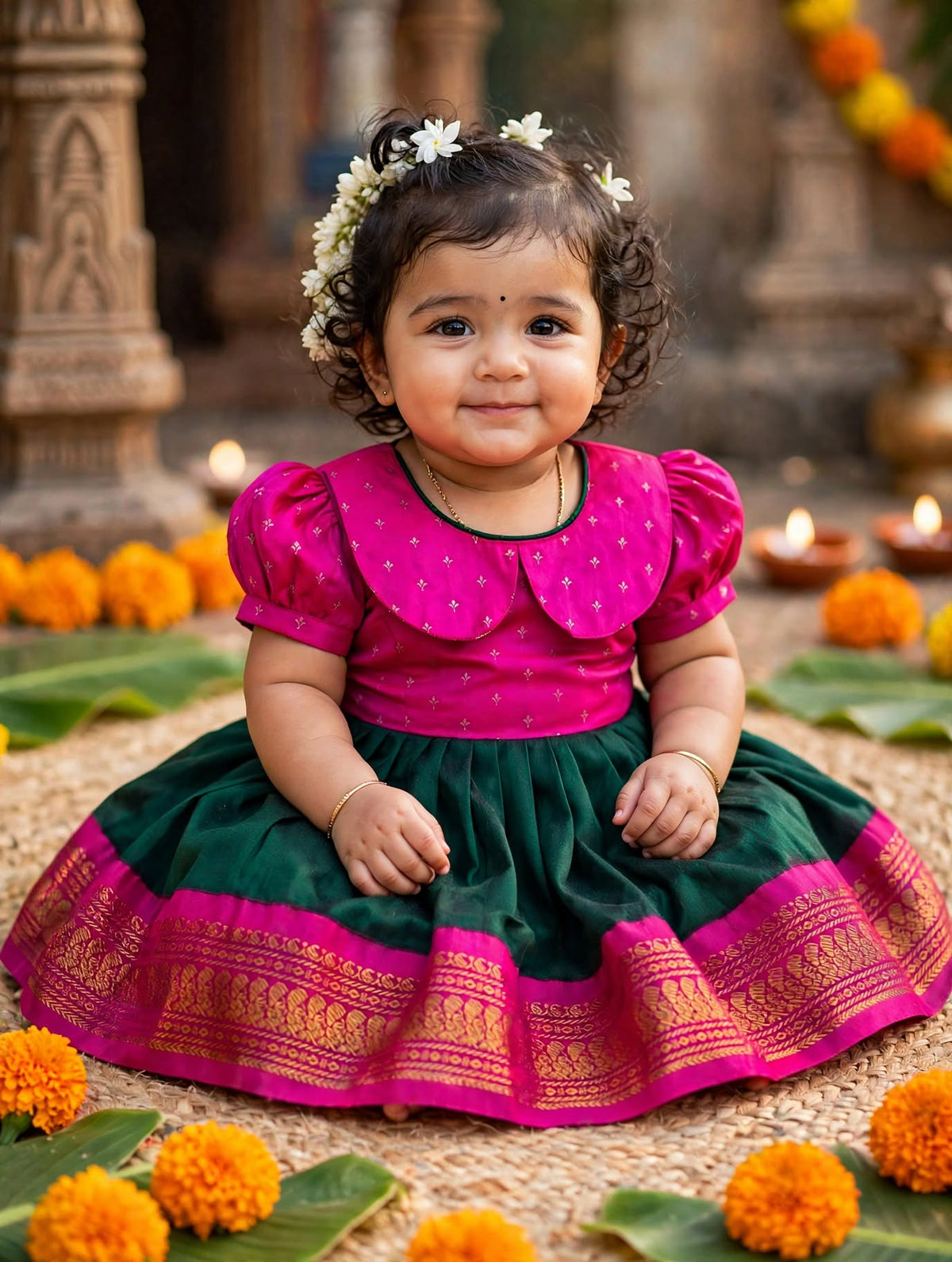 Pink and bottle green (Retro Style) - Zari border ethnic wear for baby girl