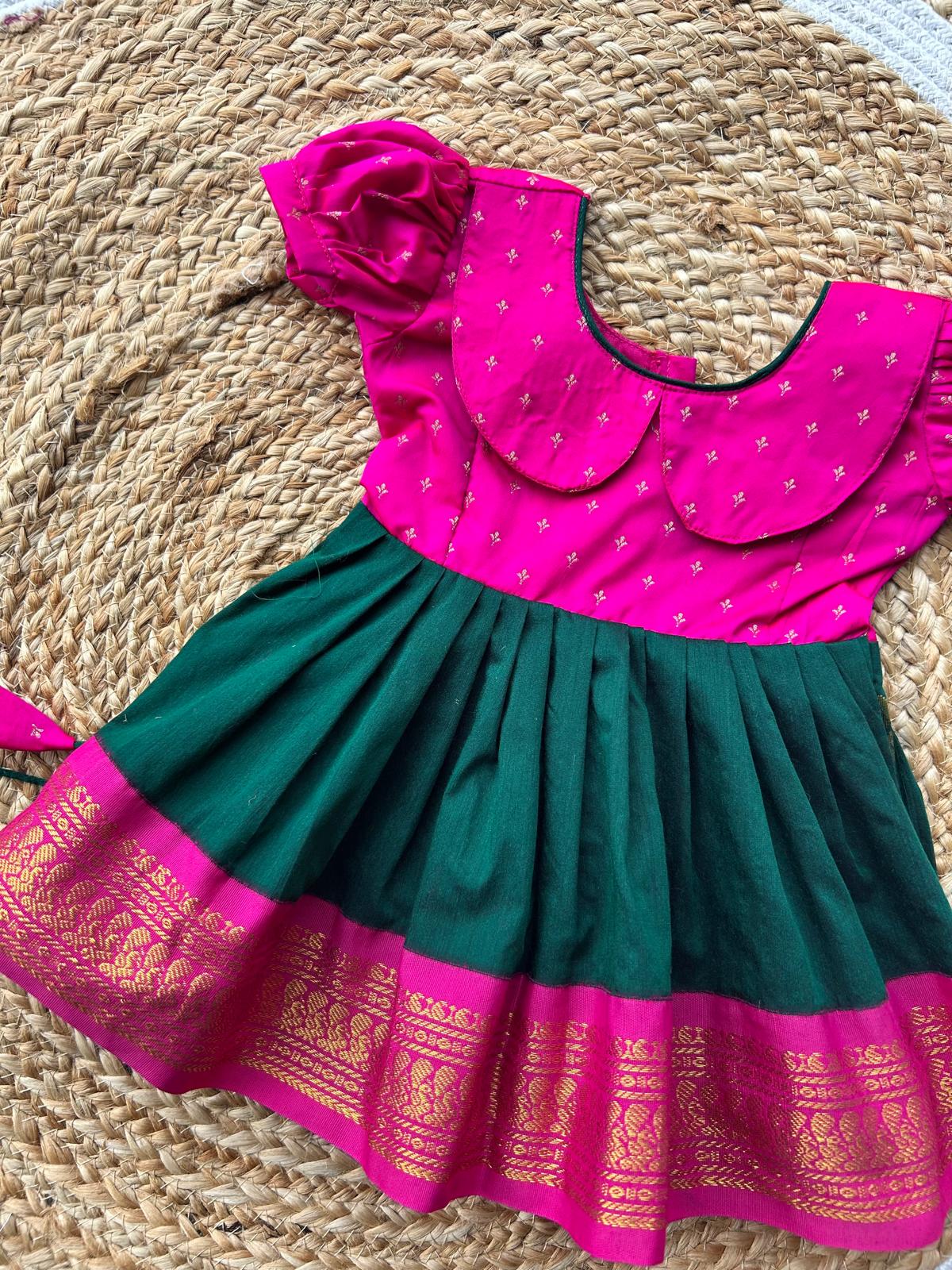 Pink and bottle green (Retro Style) - Zari border ethnic wear for baby girl